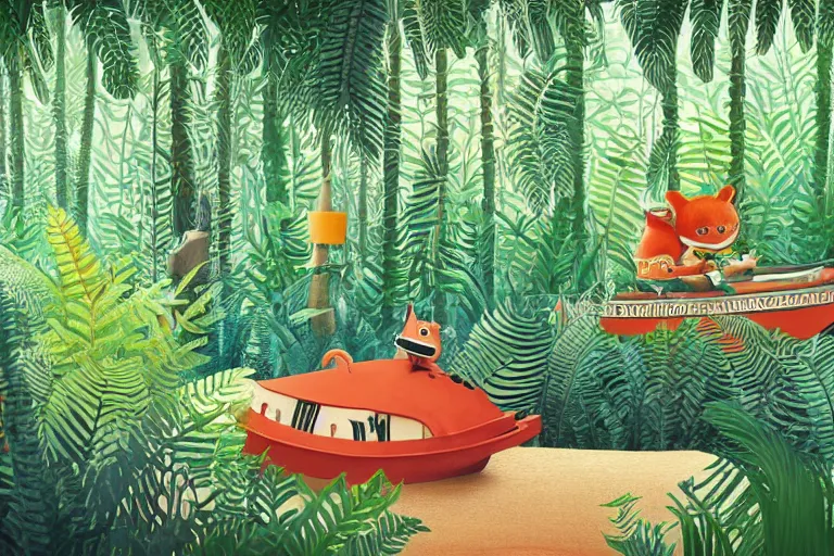Prompt: unusual animal in boat surrounded by ferns, jungle, hyper detailed, unreal engine render concept art, style of henri rousseau and richard scarry and hiroshi yoshida