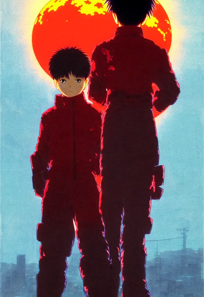 Image similar to detailed anime character portrait of kaneda from akira by katsuhiro otomo, silhouetted by a burning sun in neo - tokyo | anime, matte painting, dystopian megacity neo - tokyo, perfect, fine details, realistic, shaded, lighting, akira, artgerm, jeremy lipkin and michael garmash and rob rey