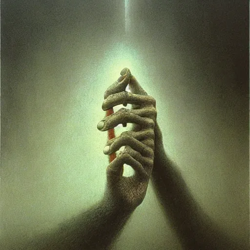 Prompt: hand and arm reaching out of thick fog, extremely detailed, intricate, zdzislaw beksinski