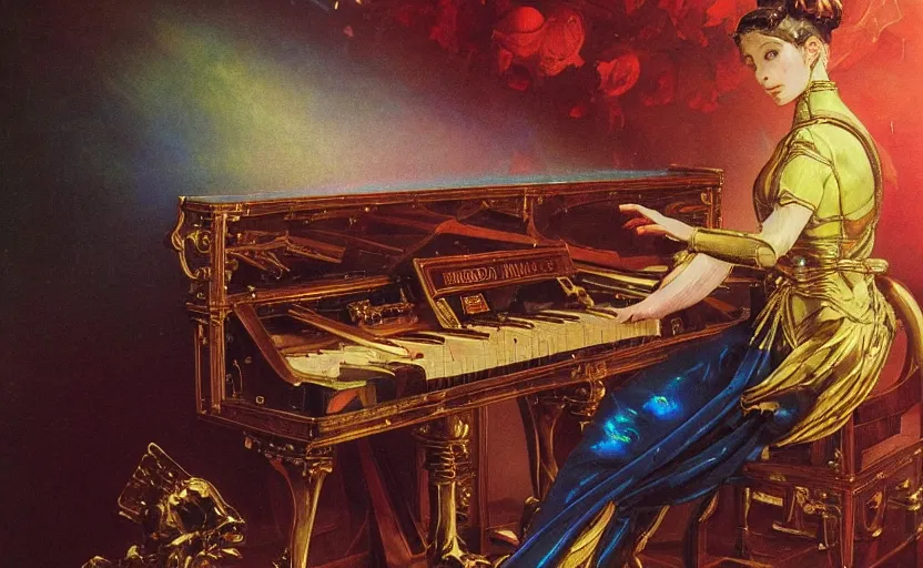 Prompt: a baroque neoclassicist close - up renaissance portrait of an iridescent 1 8 0 0 s gundam mecha musician playing the piano. reflective detailed textures. glowing colorful fog, dark background. highly detailed fantasy science fiction painting by moebius, norman rockwell, frank frazetta, and syd mead. rich colors, high contrast. artstation