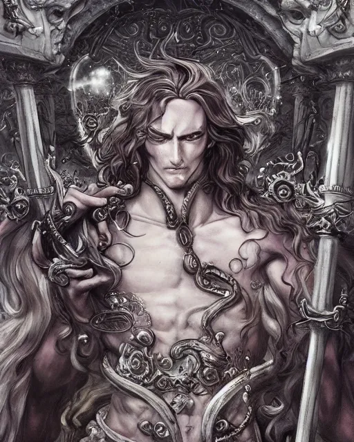 Prompt: the gods of olympus, baroque style, elegant, beautiful, mesmerizing, concept art, highly detailed, artstation, behance, deviantart, inspired by innocent manga, inspired by castlevania concept art, trending, ayami kojima, shinichi sakamoto