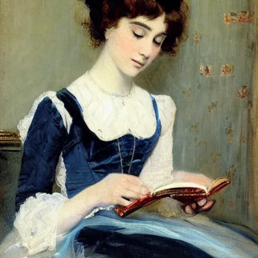 Image similar to young victorian lady in ball gown reading a book, painted by alfred stevens