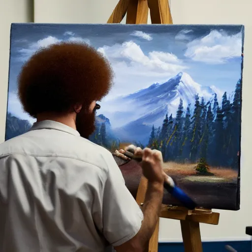 Image similar to a closeup photorealistic photograph of bob ross working on a canvas painting of iron man. film still. this 4 k hd image is trending on artstation, featured on behance, well - rendered, extra crisp, features intricate detail, epic composition and the style of unreal engine.