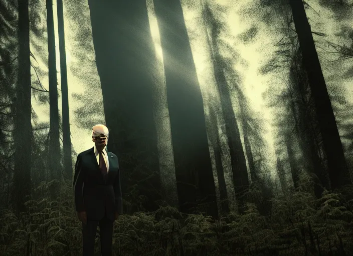 Image similar to joe biden as slenderman in forest, creepy joe biden, tall trees, night, creepy, horror, movie still, dark, haunted, cinematic lighting, ray tracing, octane render, long lens, shallow depth of field, bokeh, anamorphic lens flare, 8 k, hyper detailed, 3 5 mm film grain