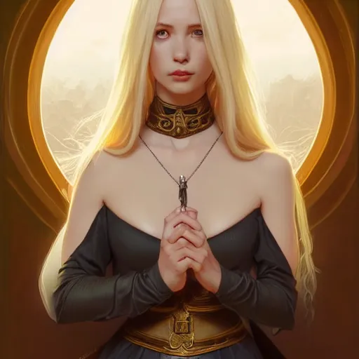 Image similar to Portrait of seductive female priest, D&D, revealing stylish dress, choker on neck, long blonde hair, mouth slightly open, slight nerdy smile, fantasy, intricate, elegant, highly detailed, digital painting, artstation, concept art, smooth, sharp focus, illustration, art by artgerm and greg rutkowski and alphonse mucha