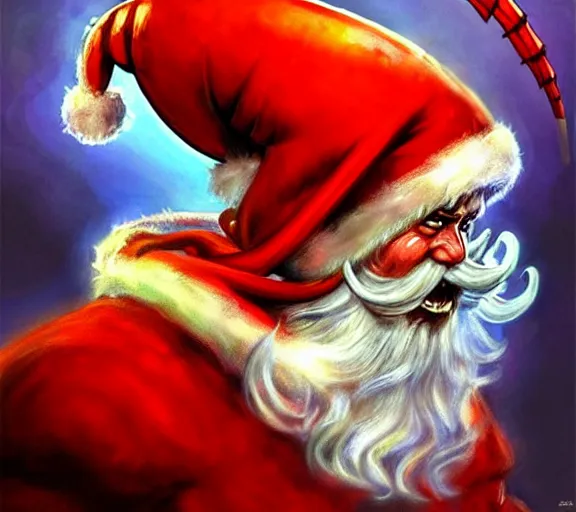 Image similar to magic : the gathering fantasy character concept art of the great anthropomorphic lobster wearing santa outfit by franz frazetta, high resolution. a clear portrait of powerful lobster wearing a santa outfit, magical christmas fantasy in background, fantasy coloring, intricate, digital painting, artstation, smooth, sharp focus