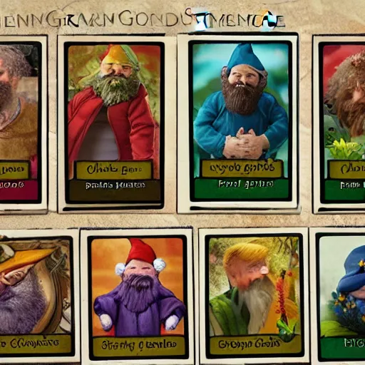 Image similar to garden gnome trading cards. magical attributes, spells, strengths and weakness, points, intricate borders, trading card style