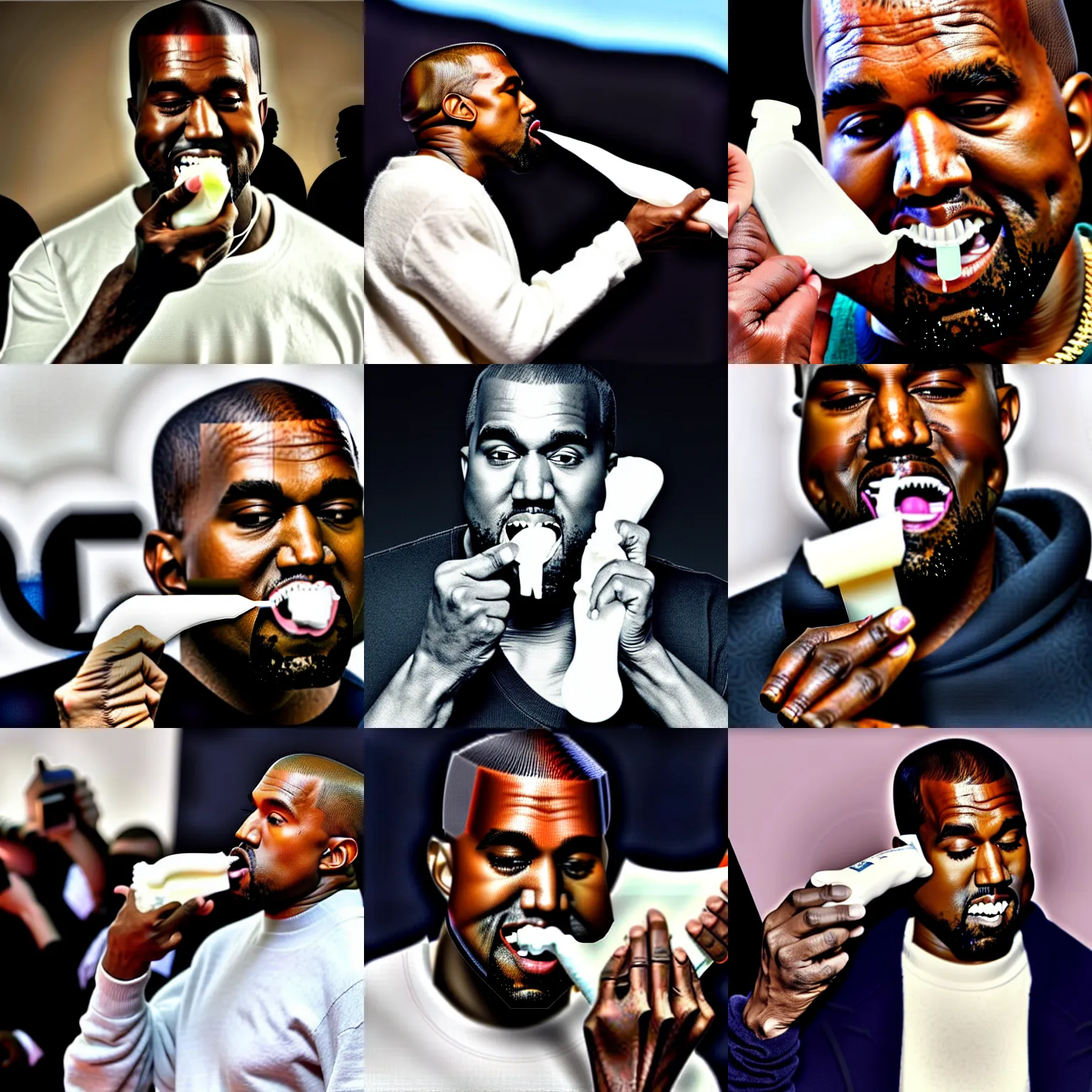 Image similar to kanye west squeezing a tube of toothpaste into his mouth