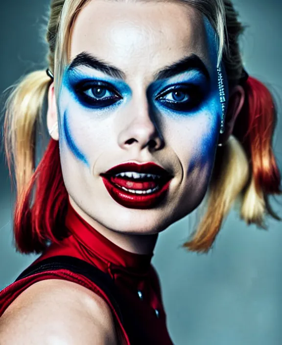 Image similar to margot robbie modeling as harley quinn, professional photograph