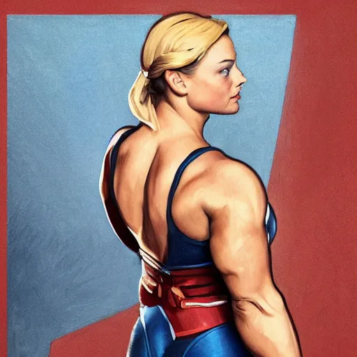 Prompt: socialist realism propaganda poster of margot robbie as beautiful female very muscular weightlifter from overwatch, portrait, profile picture, socialist realism, highly detailed, intricate, digital painting, artstation, sharp focus, illustration, art by jakub rozalski, greg rutkowski, artgerm, tan zi and ayanamikodon and alphonse mucha and wlop