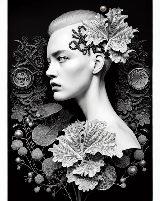 Image similar to masterpiece monochrome profile portrait painting, dutch masters, silver lace floral steampunk biomechanical beautiful one techno eye young female cyborg, big monocular, volumetric light, leaves foliage and stems, hibiscus flowers, alexander mcqueen, rim light, big gothic fashion pearl embroidered collar, 8 k