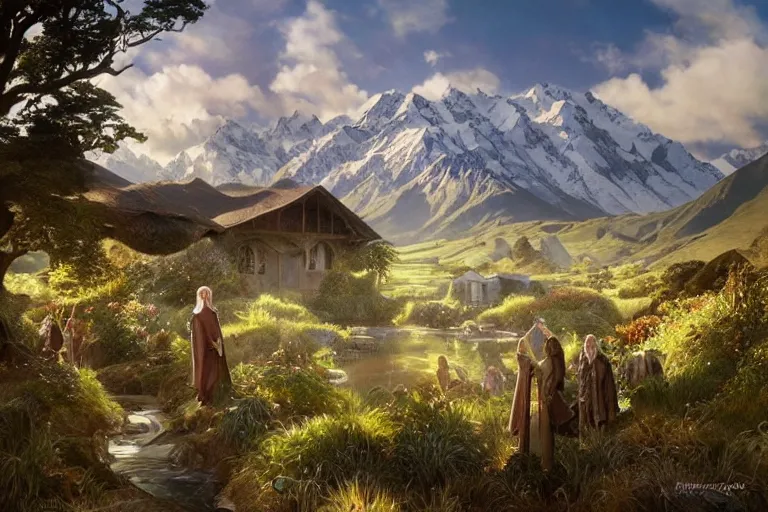 Image similar to a lord of the rings village in large new zealand landscape, shiny colors, high - key lighting, beautiful composition, intricate, elegant, pro photography by, highly detailed, art by artgerm and greg rutkowski and alphonse mucha