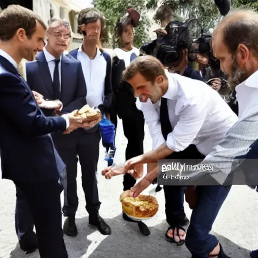 Image similar to barefoot macron, giving food to poor people, barefoot, french president, press photography