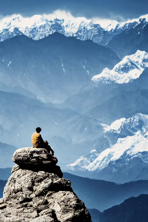 Prompt: A lonely man sits beside a rock on the top of a mountain, looking at the snowy Himalayas in the distance, faith,4k, realistic,photography,landscape,high contrast,trending on artstation.