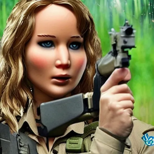 Image similar to jennifer lawrence, camp, ak 4 7, nendroid, stephen bliss style