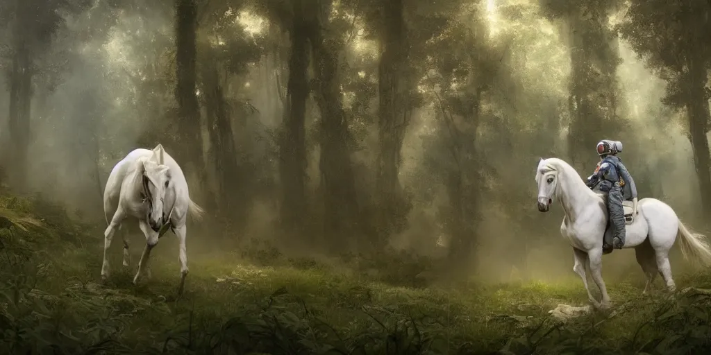 Image similar to american astronaut in an indian forest riding a beautiful white horse, plants environment, wide angle, cinematic lighting, atmospheric, ultrarealistic, trending on artstation, cgsociety, highly detailed, color graded, in the style of craig mullins, rendered in Unreal Engine 4k HQ, horizon forbidden west