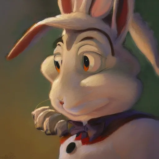 Prompt: a beautiful, soulful oil painting of bugs bunny by craig mullins