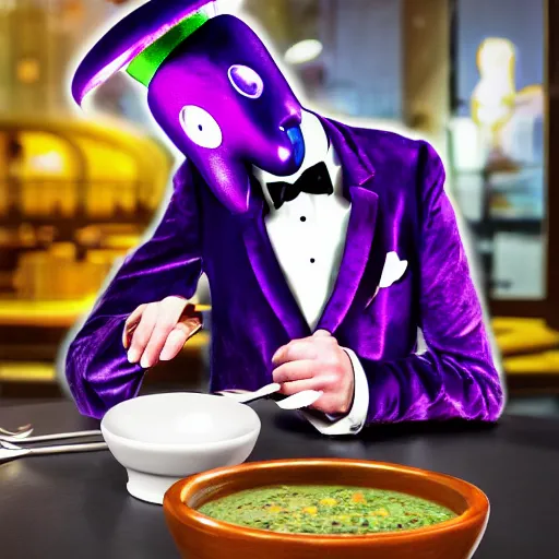 Prompt: a modernized alien in a purple three - piece suit made of velvet, he is enjoying a bowl of split pea and mushroom soup at a 5 - star restaurant in the bronx, photorealistic, highly detailed, photography, refined spontaneity