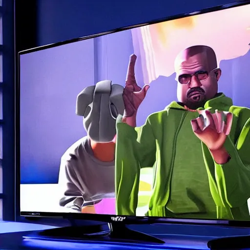 Image similar to kanye west and walter white gaming, playing fortnite on the tv