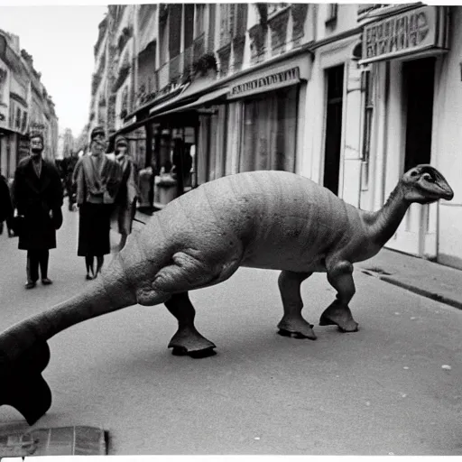 Prompt: french parasaurolophus walking in the streets of paris, 3 5 mm, 1 9 5 4, low angl