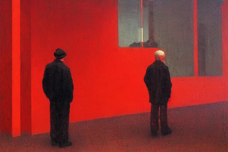 Image similar to only with red, a red old man try to sell a portrait, crowd cheering, in a city square, in the style of beksinski, parts by edward hopper, parts by rodcenko, parts by yue minjun, intricate and epic composition, red by caravaggio, insanely quality, highly detailed, masterpiece, red light, artstation, 4 k