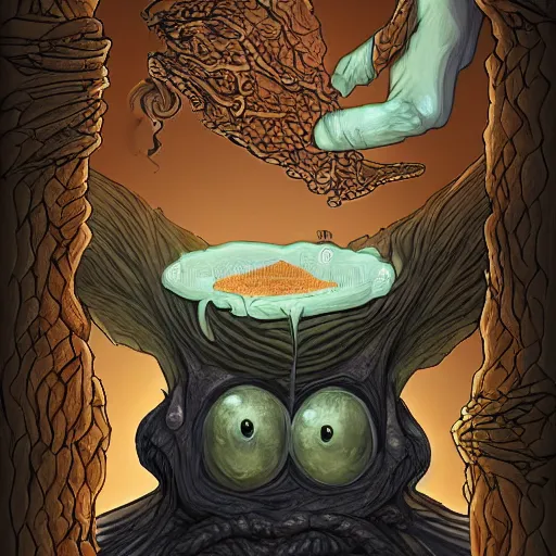 Prompt: cowering in fear from the limitless creativity monster, fantasy style, hd illustration