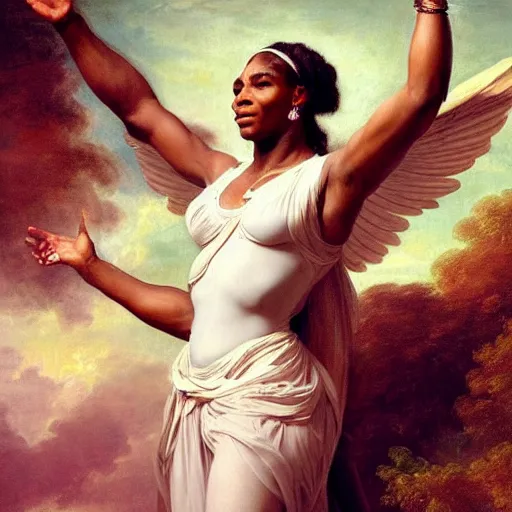 Image similar to Portrait of Serena Williams as Nike Goddess, large wings, luxuriant, dreamy, eternity, romantic, strong pose, highly detailed, in the style of Franz Xaver Winterhalter, highly detailed, in the style of Aetherpunk