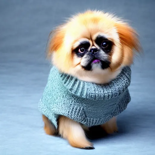 Prompt: a cute pekingese wearing a sweater, high resolution photo