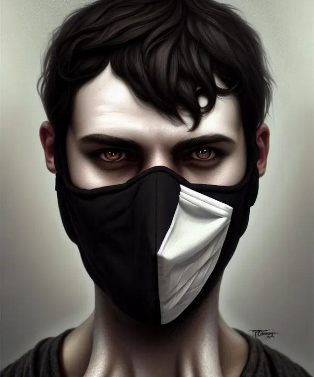 Image similar to white man with black fabric mask, short dark hair, highly detailed face!!!, true anatomy!, extremely detailed!, digital painting, unreal engine 5, art by tom bagshaw