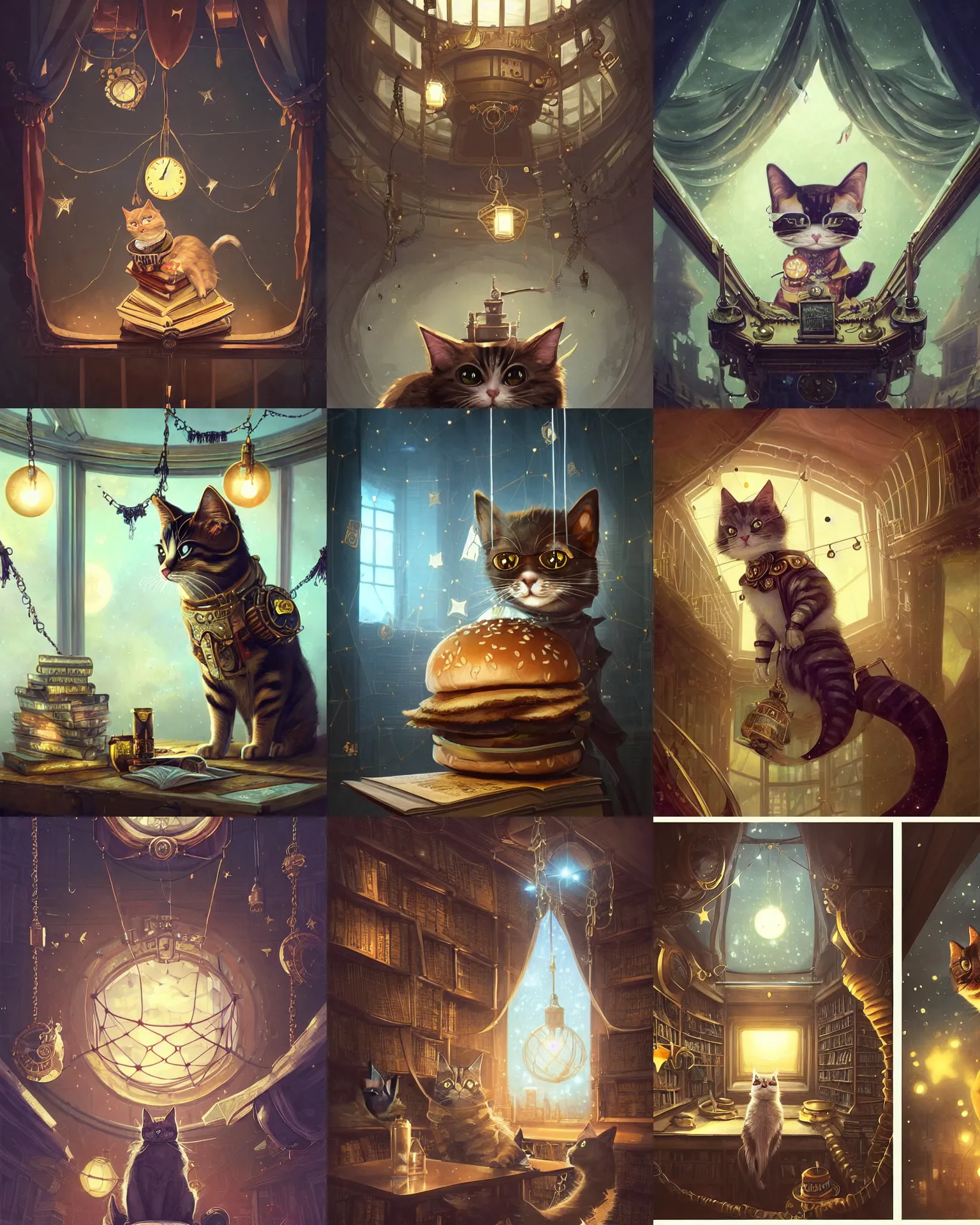 Prompt: cute steampunk burger cat with a polygonal library walls and glass ceilings showing the stars and hanging silk drapery and tapestries, light dust, magnificent, close up, details, sharp focus, elegant, highly detailed, illustration, by Jordan Grimmer and greg rutkowski and PiNe(パイネ) and 薯子Imoko and 香川悠作 and wlop and maya takamura, intricate, beautiful, Trending artstation, pixiv, digital Art