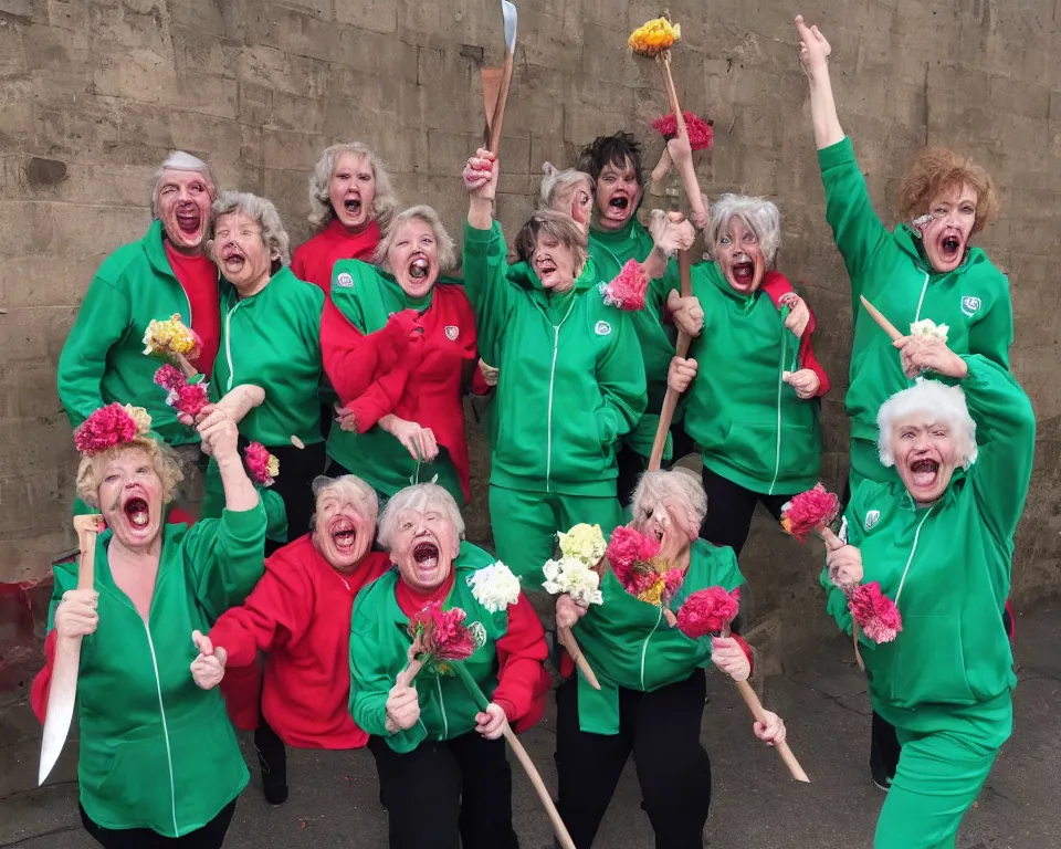 Prompt: a gang of old ladies waving large knives covered in blood, and carrying flowers, and wearing green Umbro track suits laughing maniacally and screaming