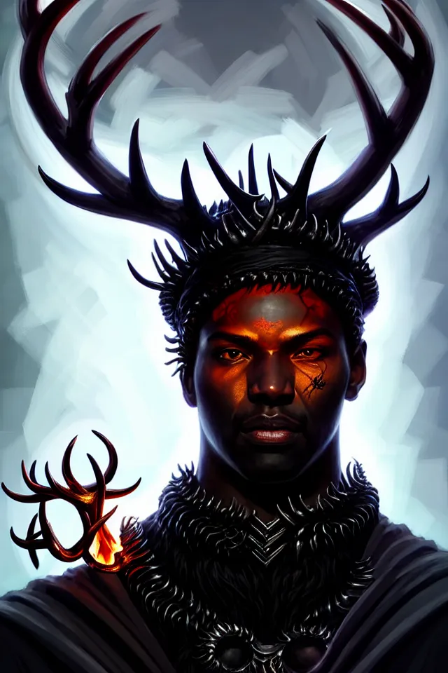 Prompt: a striking portrait of an eldritch black god king with black antlers and a burning horned crown on his head by moebius and ross tran and artgerm, trending on artstation, digital art, 4 k resolution, detailed, high quality, sharp focus, hq artwork, insane detail, volumetric lighting, character concept art, fine details, clear face