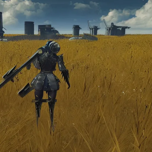 Image similar to a high resolution very detailed image of russian tank boss fight from nier : automata in yellow rye field under pure blue skies