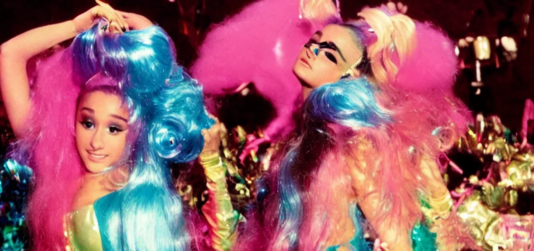 Image similar to cinematic movie still of ariana grande as a 1 9 7 0 s disco queen, 8 k hdr, action shot, movie still, hazy vibes, acid trip, fear and loathing