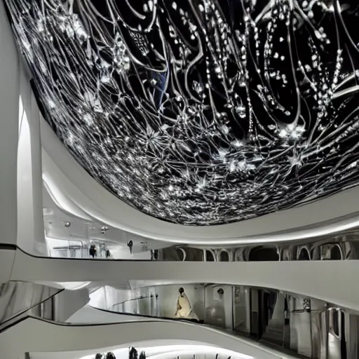 Prompt: extremely detailed ornate stunning beautiful elegant futuristic museum lobby interior by Zaha Hadid