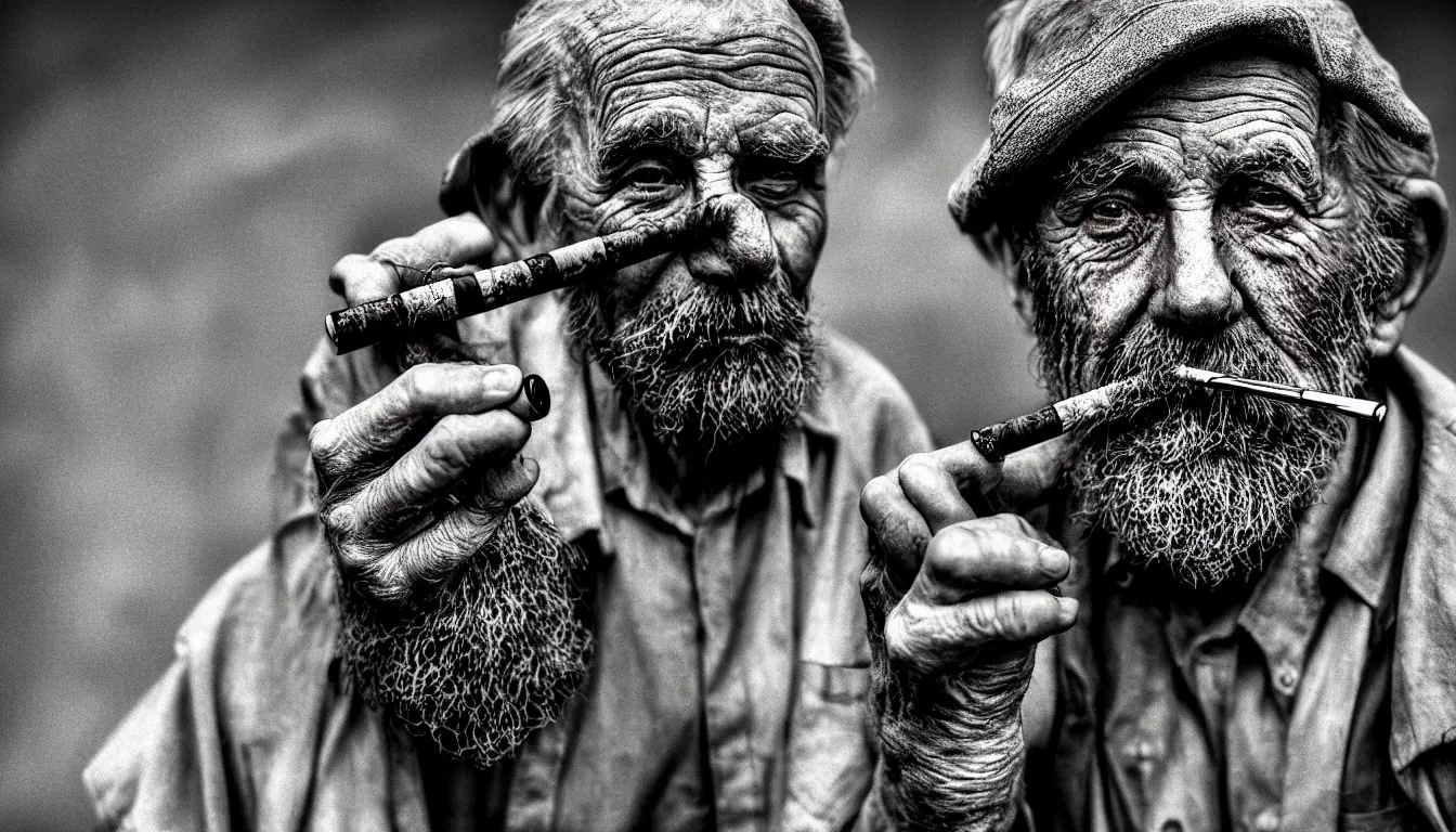 Image similar to hyper realistic color photo, portrait of a weathered old man smoking pipe, dramatic shadow!!, full colour, upscale, 8 k, masterpiece