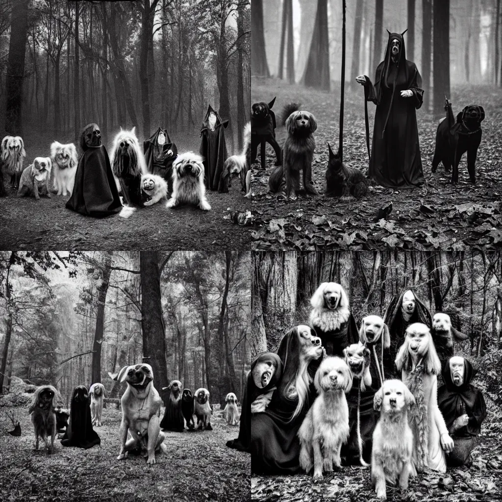 Prompt: a creepy, horrifying photo of a coven of dogs in witch robes performing an evil ritual in the woods. black and white, noir, sepia, grainy, distorted, creepy, horror, vvitch, wicca