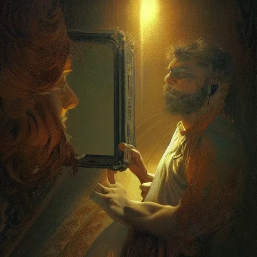 Image similar to selfportrait of a madman looking at his soul in the mirror, portrait, intricate, detailed, volumetric lighting, scenery, digital painting, highly detailed, artstation, sharp focus, illustration, artstation, art by artgerm and greg rutkowski and alphonse mucha