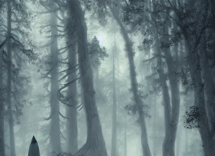 Image similar to A hooded figure aproaching an old temple in a forest, foggy, Ivan Shishkin and Greg Rutkowski