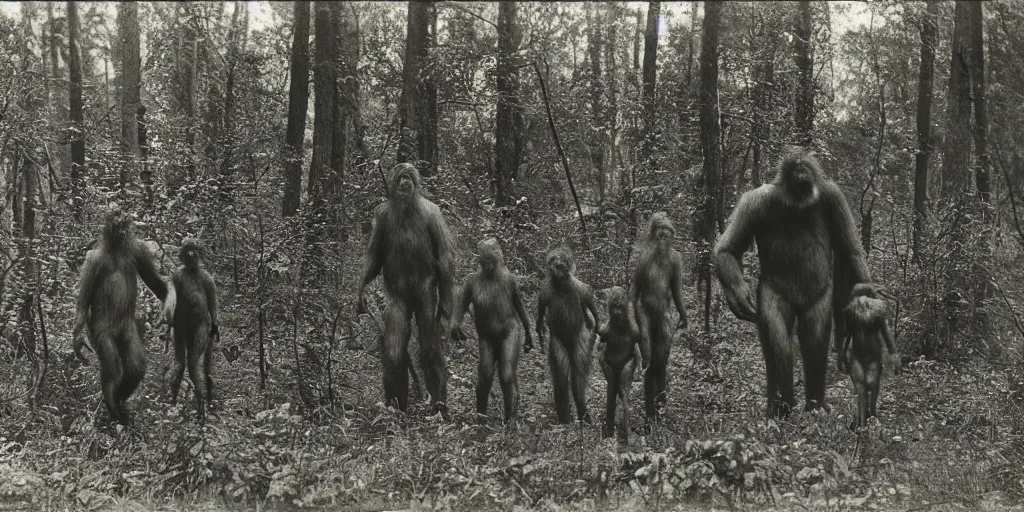 Prompt: family of bigfoots hiding behind trees in an ominous forest, 1 9 0 0 s photography