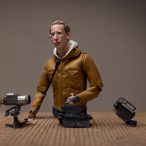 Image similar to product photography of a action figure marc zuckerberg, depth of field, zeiss lens, detailed, centered, by erwin olaf, joop geesink, wes anderson, breathtaking, 8 k resolution, extremely detailed, beautiful, establishing shot, realistic materials, hyperrealistic