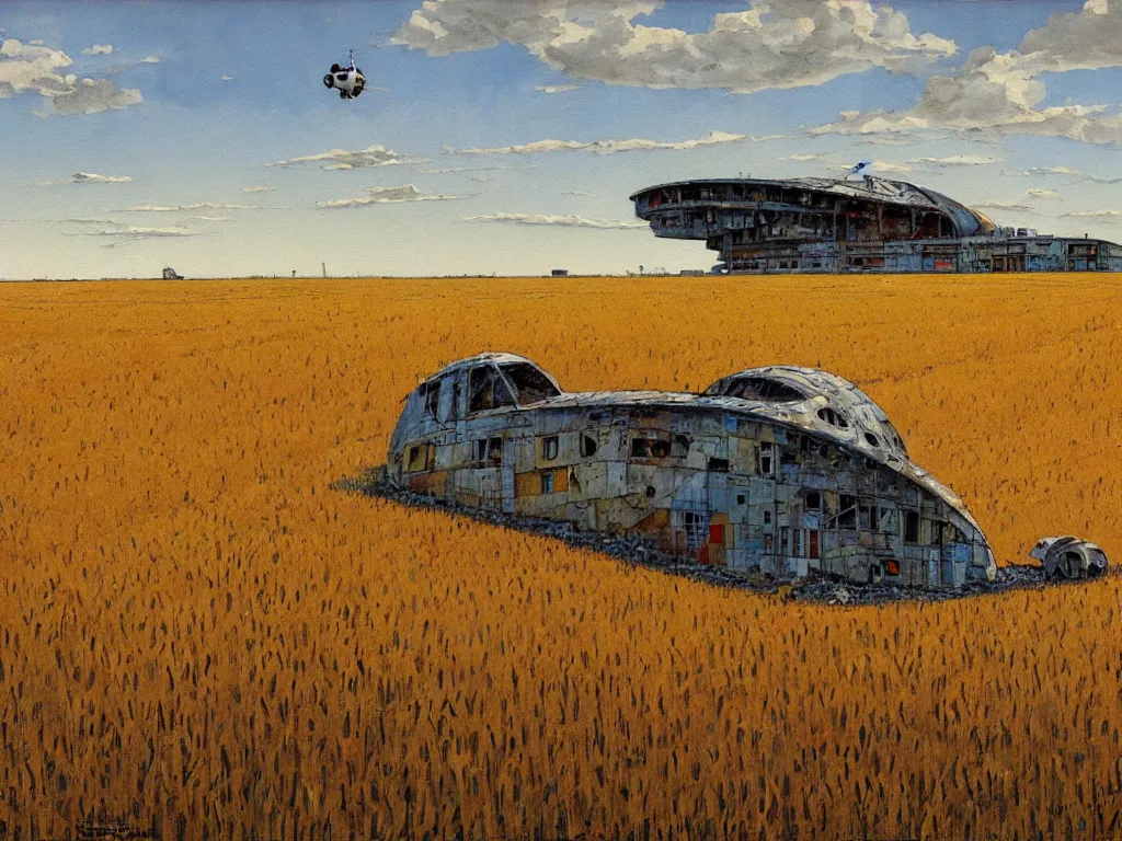 Image similar to A fantastic painting of a dilapidated post-modern building on a wheat field with an abandoned spaceship parked on the roof of the building, by Robert McCall, Trending on artstation, very detailed