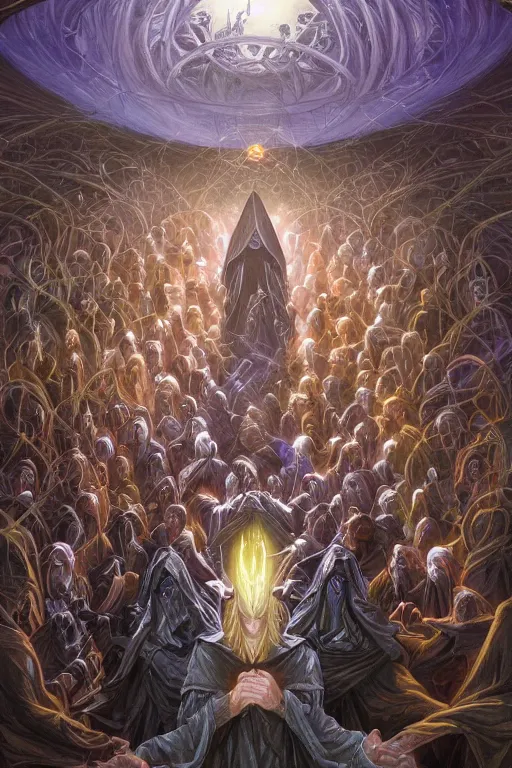 Image similar to a quantum computer surrounded by a dark cabal of hooded elven mystics with long robes gathered in a circular formation, michael whelan, dan seagrave, boris vallejo