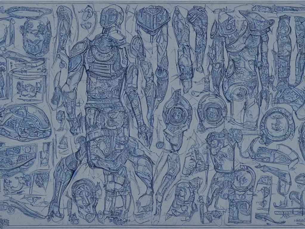 Image similar to blue board blueprint with lots of annotations of legs of an ornate armour, views front side and rear, covered in runic tattoos, Travis Charest style