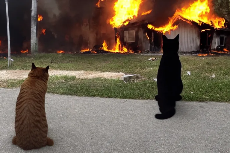 Prompt: disaster cat standing in front of burning house looking at viewer