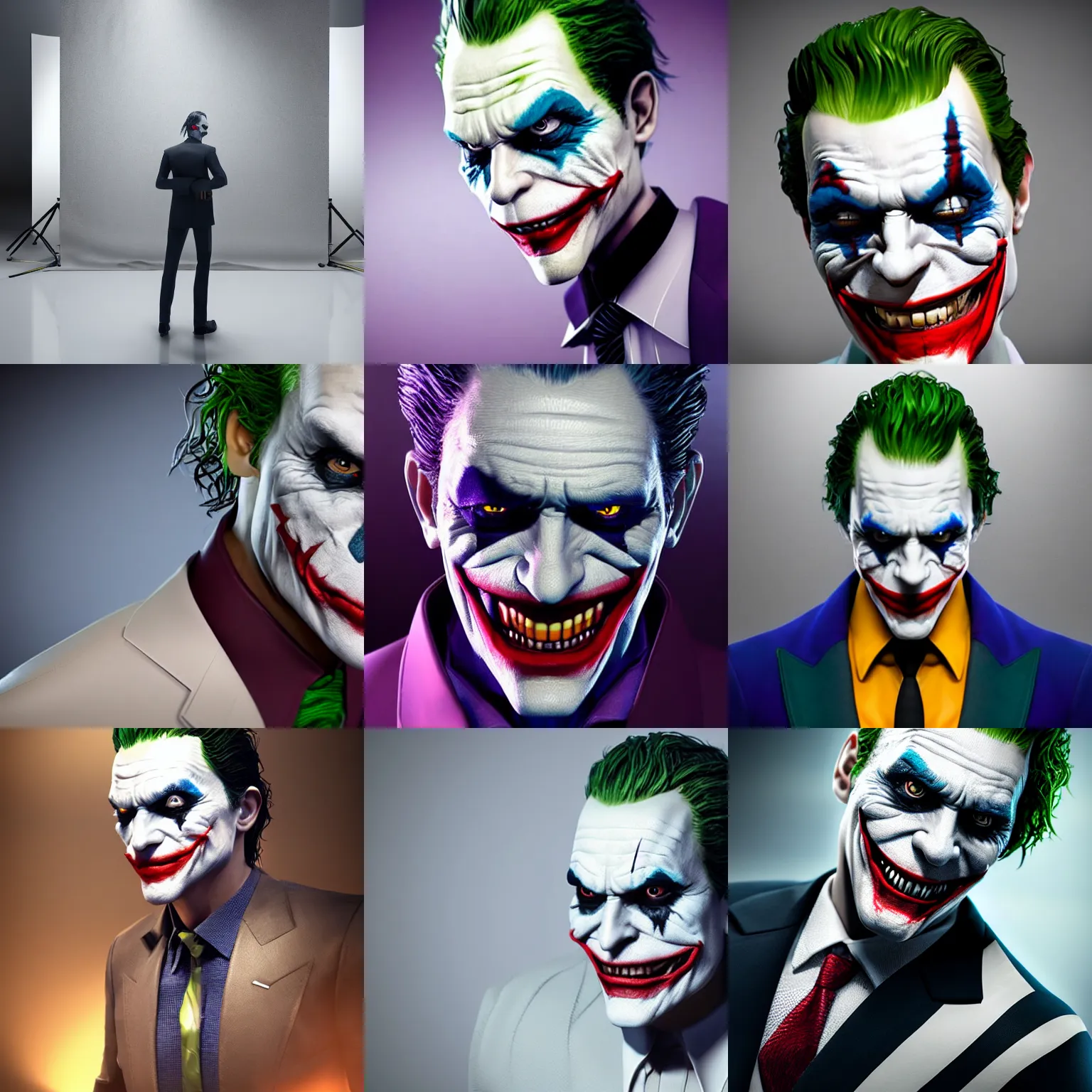 Prompt: bright studio setting, crisp quality and light reflections, unreal engine 5 quality render, photorealistic portrait, highly detailed, still photo of the joker, studio lighting