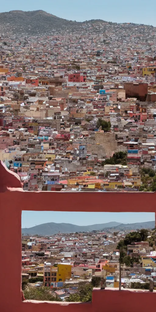 Prompt: window in foreground, guanajuato city in background, by wes anderson