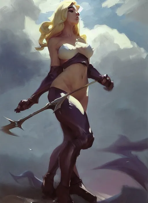 Image similar to Greg Manchess painting of Syndra from League of Legends, countryside, calm, fantasy character portrait, dynamic pose, above view, sunny day, thunder clouds in the sky, artwork by Jeremy Lipkin and Giuseppe Dangelico Pino and Michael Garmash and Rob Rey, very coherent asymmetrical artwork, sharp edges, perfect face, simple form, 100mm