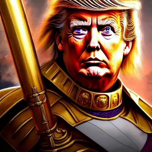 Image similar to Donald Trump as the god-emperor of mankind, he wears his golden armor, epic full shot, cinematic lighting, oil painting, award winning on Artstation, hyper detailed, hyper realistic, righteous wrath on his face, by Michelangelo