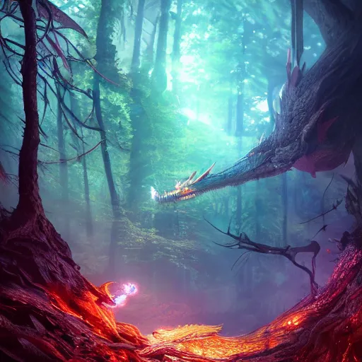 Prompt: epic forest, night, particles in shape of a dragon, vibrant , made by Stanley Artgerm Lau, WLOP, Rossdraws, ArtStation, CGSociety, concept art, cgsociety, octane render, trending on artstation, artstationHD, artstationHQ, unreal engine, 4k, 8k